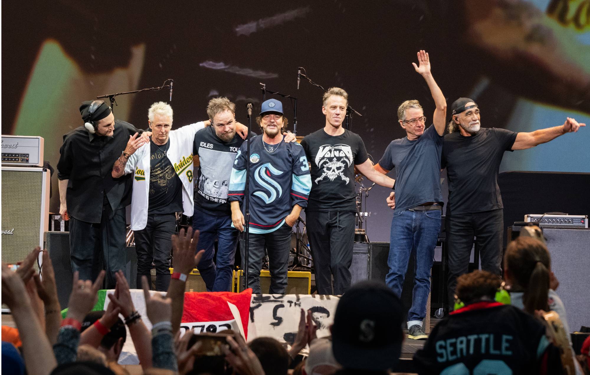 osh Klinghoffer, Mike McCready, Jeff Ament, Eddie Vedder, Matt Cameron, Stone Gossard and Boom Gaspar of Pearl Jam at Climate Pledge Arena on May 28, 2024 in Seattle, Washington. (Photo by Jim Bennett/Getty Images)