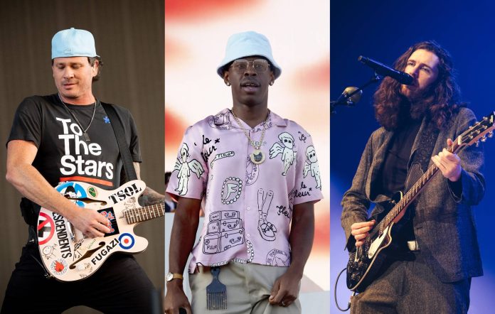 Tom Delonge of Blink-182, Tyler The Creator and Hozier. Credit: Kristy Sparow, Matt Winkelmeyer and Frazer Harrison via GETTY